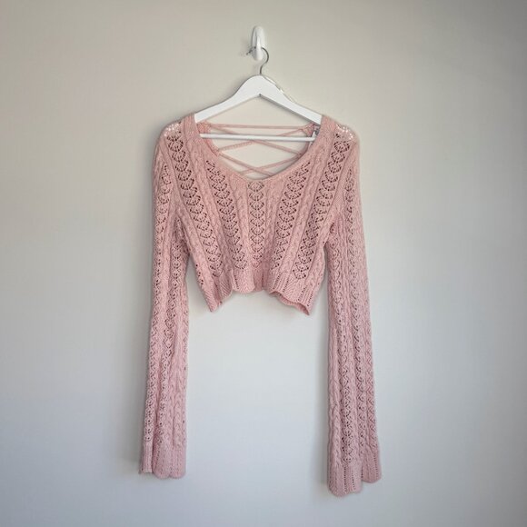Altar'd State Pink Crochet Knit Crop Sweater Lace Up Back Bell Sleeve - Picture 2 of 8